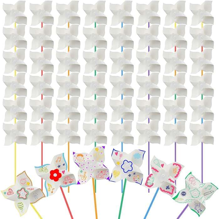 Poen 48 Pcs DIY Pinwheels for Kids Bulk, Color Your Own White Pinwheels Summer Activity Paper Craft Coloring Patriotic Blank Windmills VBS 4th of July Sunday School Party Favor Supplies, 5 Inches - Image 1