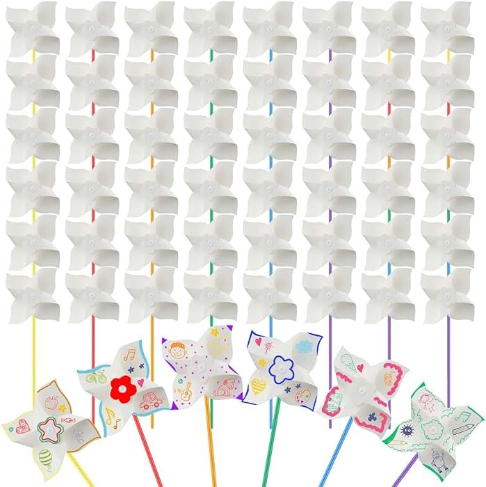 Poen 48 Pcs DIY Pinwheels for Kids Bulk, Color Your Own White Pinwheels Summer Activity Paper Craft Coloring Patriotic Blank Windmills VBS 4th of July Sunday School Party Favor Supplies, 5 Inches - Product Image
