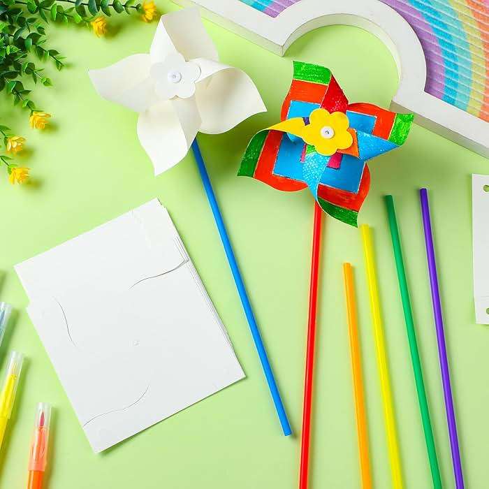 Poen 48 Pcs DIY Pinwheels for Kids Bulk, Color Your Own White Pinwheels Summer Activity Paper Craft Coloring Patriotic Blank Windmills VBS 4th of July Sunday School Party Favor Supplies, 5 Inches - Image 2