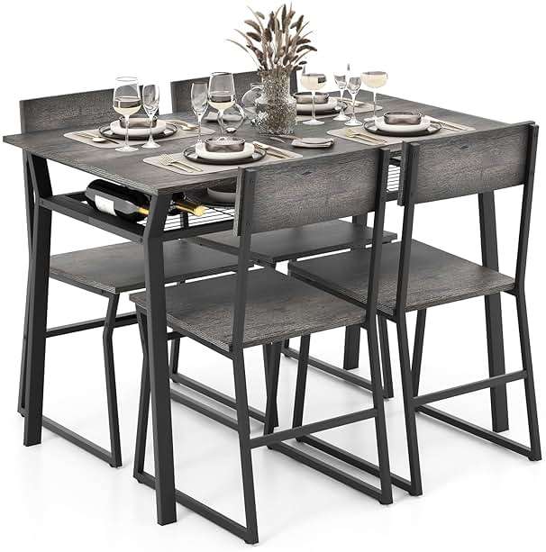 Tangkula Dining Table Set for 4, Kitchen Table and Chairs for 4 with Storage Rack, Space-Saving Dinette Set for Kitchen Dining Room (Grey) - Image 1