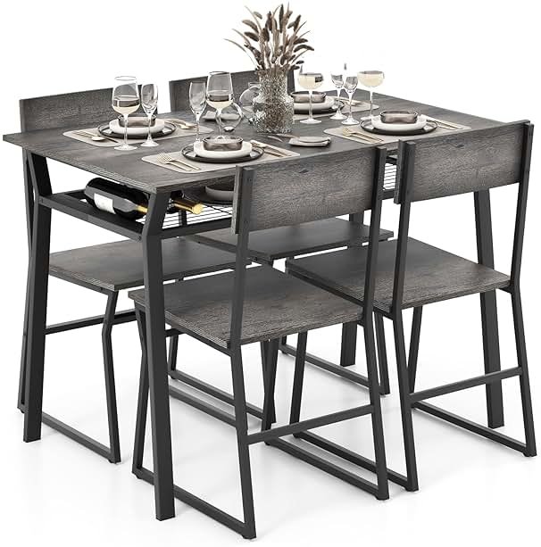 Tangkula Dining Table Set for 4, Kitchen Table and Chairs for 4 with Storage Rack, Space-Saving Dinette Set for Kitchen Dining Room (Grey) - Product Image