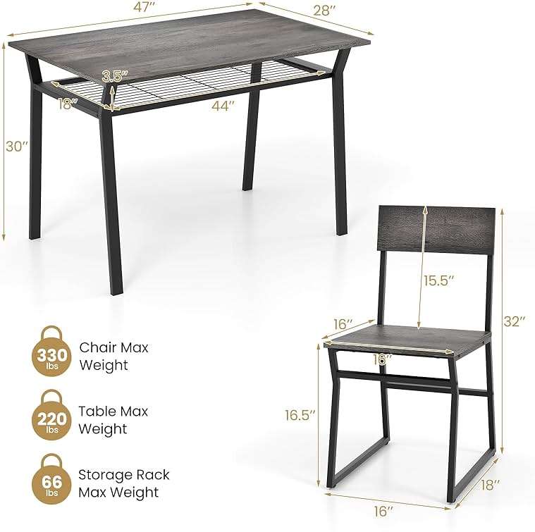 Tangkula Dining Table Set for 4, Kitchen Table and Chairs for 4 with Storage Rack, Space-Saving Dinette Set for Kitchen Dining Room (Grey) - Image 3