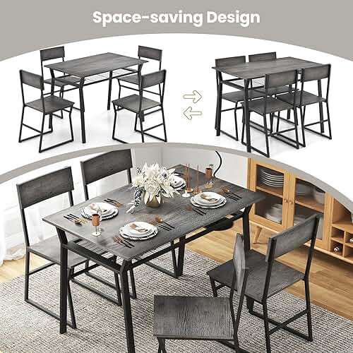 Tangkula Dining Table Set for 4, Kitchen Table and Chairs for 4 with Storage Rack, Space-Saving Dinette Set for Kitchen Dining Room (Grey) - Image 6