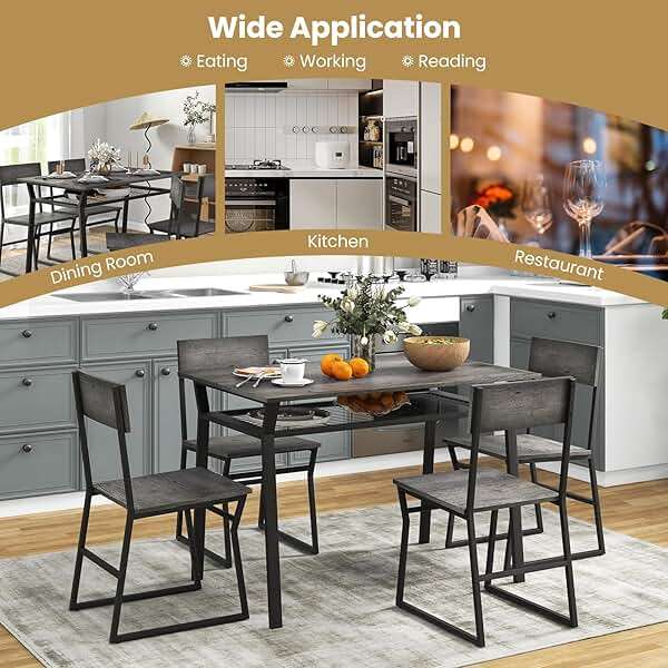 Tangkula Dining Table Set for 4, Kitchen Table and Chairs for 4 with Storage Rack, Space-Saving Dinette Set for Kitchen Dining Room (Grey) - Image 7