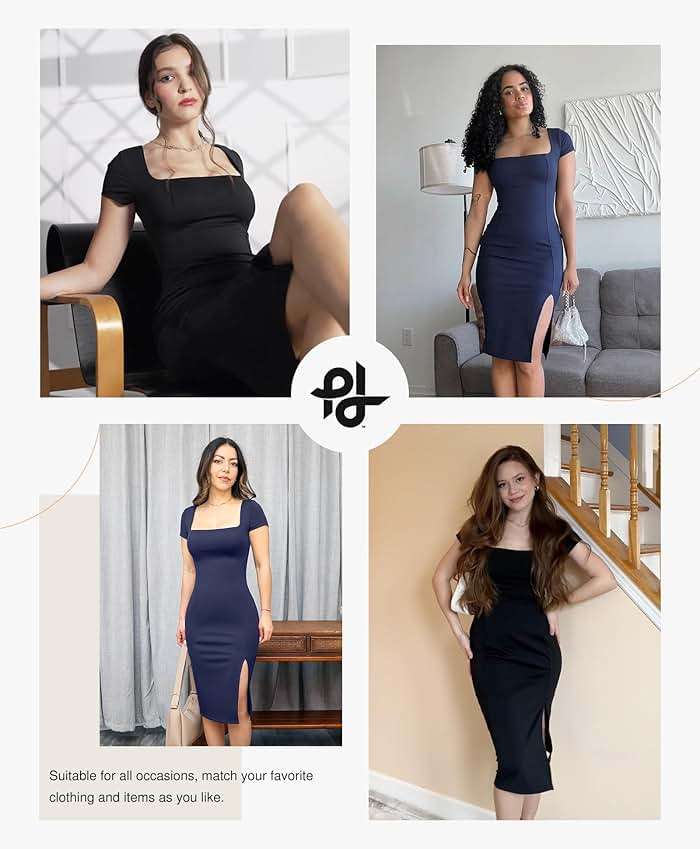 Popilush Summer Cocktail Midi Dresses for Women Shapewear Bodycon Short Sleeve Square Neck Dress - Image 2