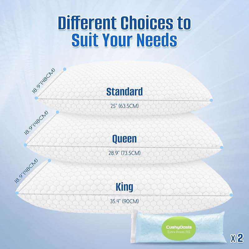 CushyOasis Cooling Pillow for Sleeping, Pillows Queen Size Set of 2, CertiPUR-US Shredded Memory Foam Pillows for Hot Sleepers, Adjustable Firm Pillow for Side, Back, Stomach Sleepers, Gray - Image 2
