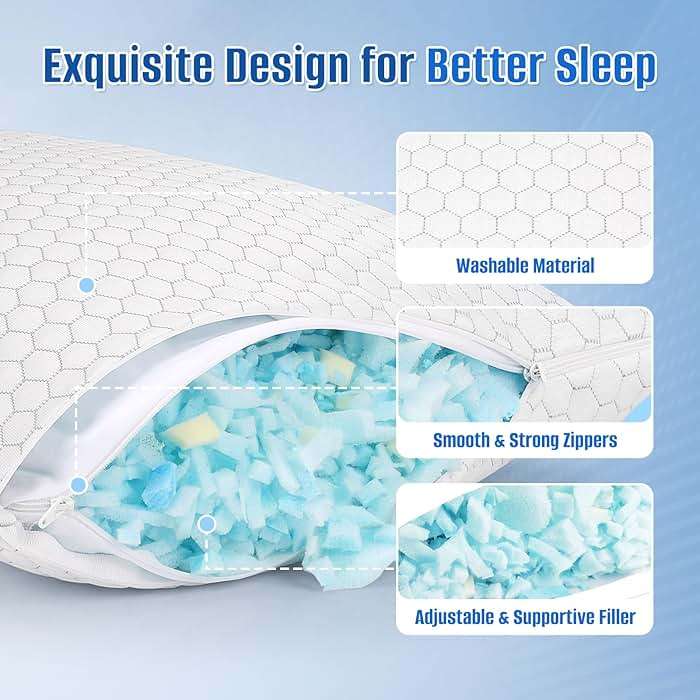 CushyOasis Cooling Pillow for Sleeping, Pillows Queen Size Set of 2, CertiPUR-US Shredded Memory Foam Pillows for Hot Sleepers, Adjustable Firm Pillow for Side, Back, Stomach Sleepers, Gray - Image 5