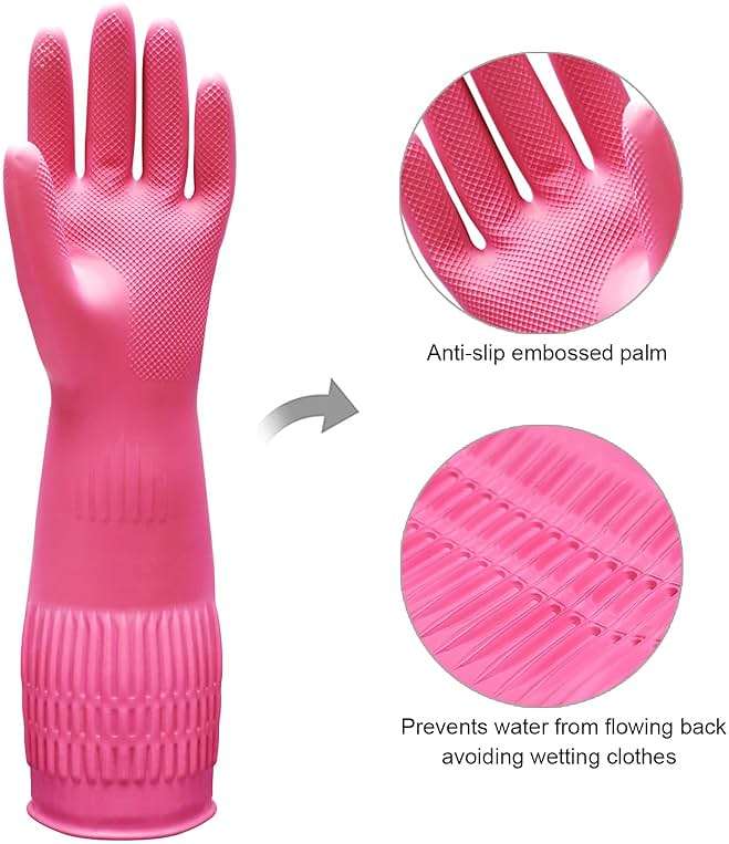 Bamllum 3 Pairs of Rubber Dishwashing Gloves for Kitchen and Household Cleaning – Long Cuff 15", Reusable, Flexible Long-lasting and Non-Slip (Red+Yellow+Green, Large) - Image 2
