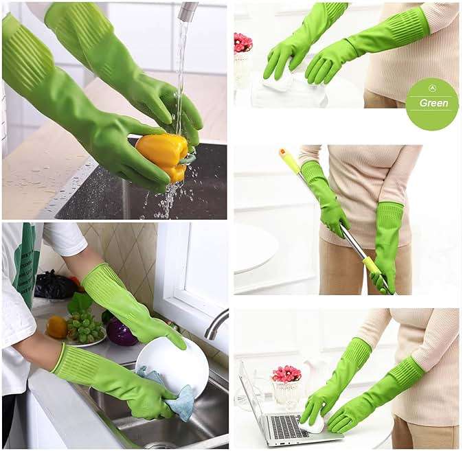 Bamllum 3 Pairs of Rubber Dishwashing Gloves for Kitchen and Household Cleaning – Long Cuff 15", Reusable, Flexible Long-lasting and Non-Slip (Red+Yellow+Green, Large) - Image 3