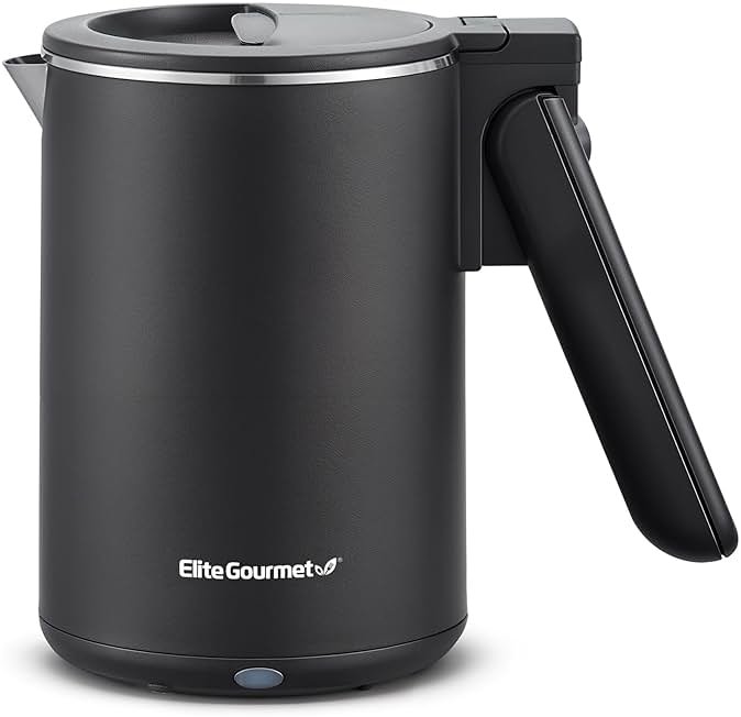 Elite Gourmet Dual Voltage 120-230V, Travel Double Wall Insulated Cool-Touch, 0.6L Electric Kettle Stainless Steel Interior, Hinged-Locking Lid, Auto Shut-Off, Boil Dry Protection, Black - Product Image