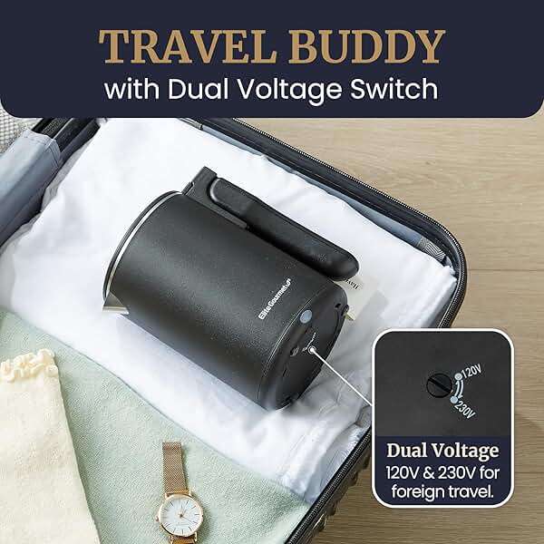 Elite Gourmet Dual Voltage 120-230V, Travel Double Wall Insulated Cool-Touch, 0.6L Electric Kettle Stainless Steel Interior, Hinged-Locking Lid, Auto Shut-Off, Boil Dry Protection, Black - Image 3