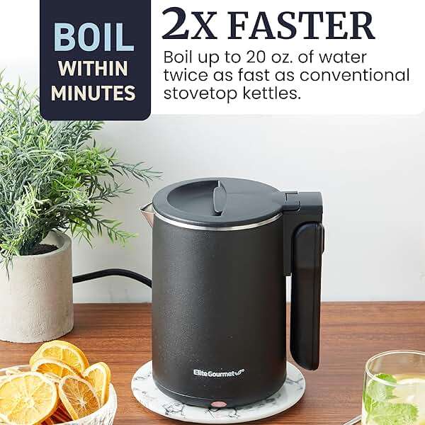 Elite Gourmet Dual Voltage 120-230V, Travel Double Wall Insulated Cool-Touch, 0.6L Electric Kettle Stainless Steel Interior, Hinged-Locking Lid, Auto Shut-Off, Boil Dry Protection, Black - Image 4