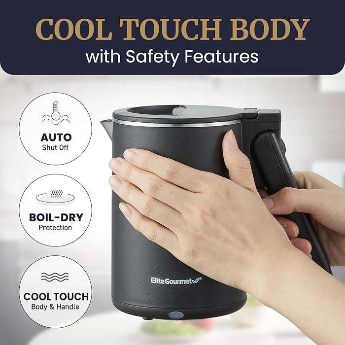 Elite Gourmet Dual Voltage 120-230V, Travel Double Wall Insulated Cool-Touch, 0.6L Electric Kettle Stainless Steel Interior, Hinged-Locking Lid, Auto Shut-Off, Boil Dry Protection, Black - Image 7