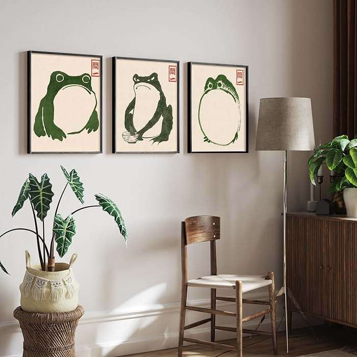 Houmury Set of 3 Framed Japanese Frog Wall Art Decor Vintage Wall Signs Cute Minimalist Decors - Image 2