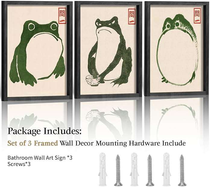 Houmury Set of 3 Framed Japanese Frog Wall Art Decor Vintage Wall Signs Cute Minimalist Decors - Image 5
