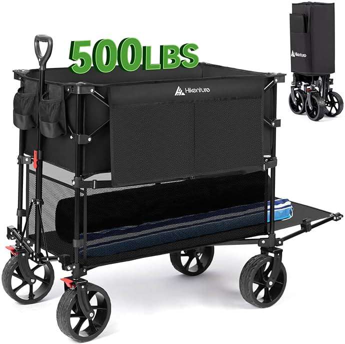 Hikenture Double Decker Wagon, 400L Extra Large Beach Wagon with Big Wheels for Sand, 500LBS Heavy Duty Collapsible Cart with Tailgate, Utility Carts Foldable for Beach, Sports - Image 1