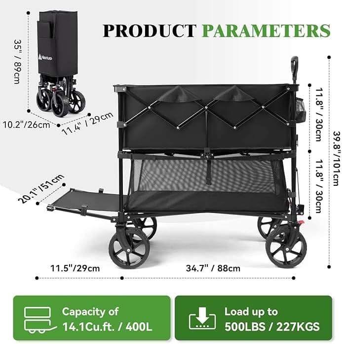 Hikenture Double Decker Wagon, 400L Extra Large Beach Wagon with Big Wheels for Sand, 500LBS Heavy Duty Collapsible Cart with Tailgate, Utility Carts Foldable for Beach, Sports - Image 2