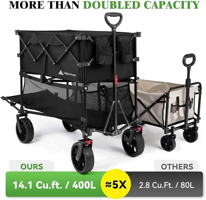 Hikenture Double Decker Wagon, 400L Extra Large Beach Wagon with Big Wheels for Sand, 500LBS Heavy Duty Collapsible Cart with Tailgate, Utility Carts Foldable for Beach, Sports - Image 3