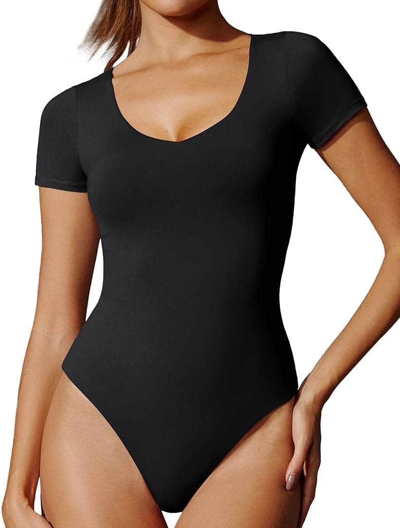 IUGA Bodysuits for Women Tummy Control Body Suits for Womens Compression Slimming Thong Bodysuit V Neck - Product Image