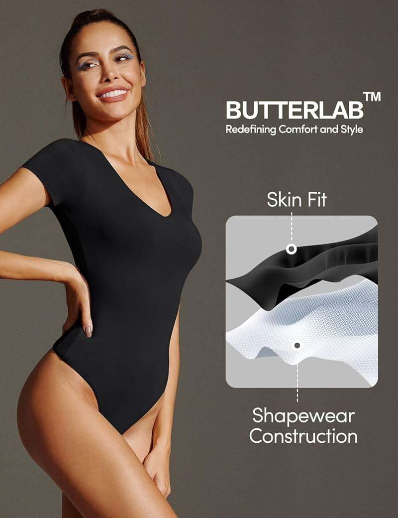 IUGA Bodysuits for Women Tummy Control Body Suits for Womens Compression Slimming Thong Bodysuit V Neck - Image 2