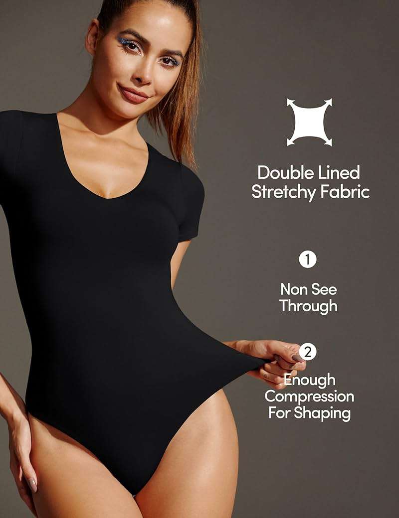 IUGA Bodysuits for Women Tummy Control Body Suits for Womens Compression Slimming Thong Bodysuit V Neck - Image 3