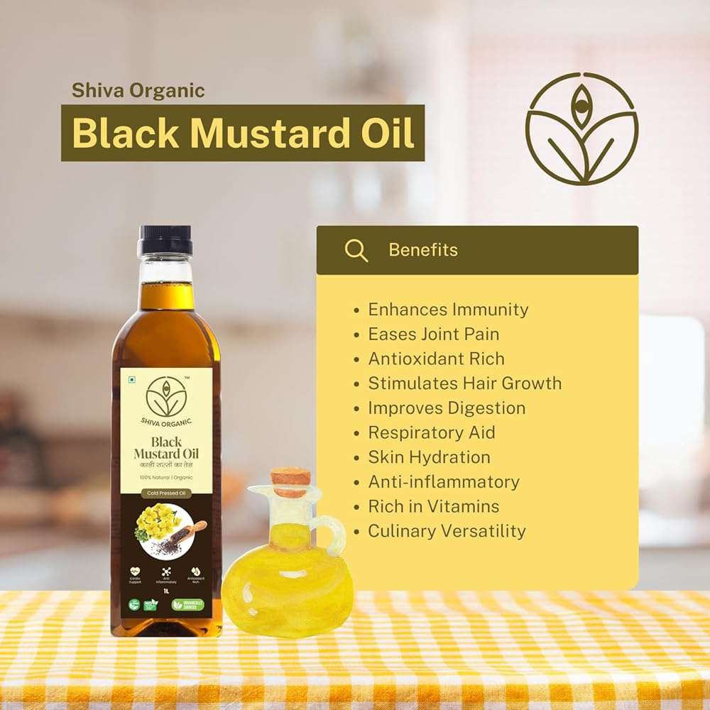 Shiva Organic Pure Black Mustard Oil 33.8oz (1L), Cold Pressed Raw Seed Oil for Cooking, Massage and Hair Care - Image 3
