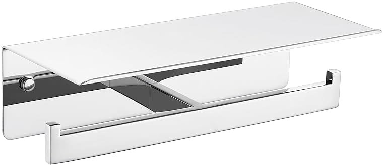 APLusee Double Toilet Paper Holder with Phone Shelf, 304 Stainless Steel Bathroom Tissue Hanger, Wall Mounted Dual Roll Paper Dispenser, Polished Chrome - Product Image