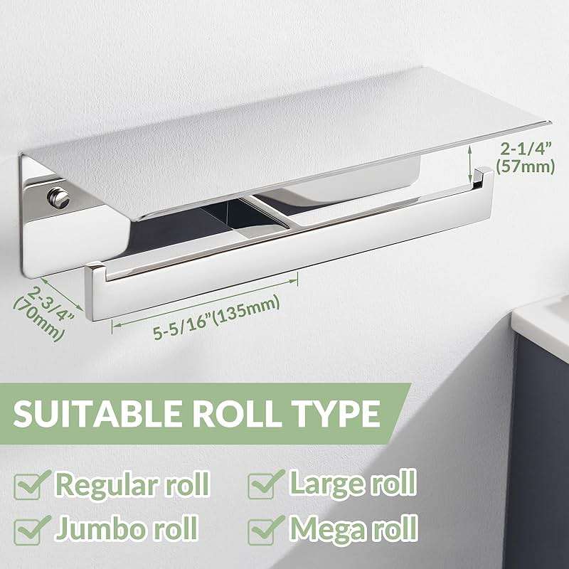 APLusee Double Toilet Paper Holder with Phone Shelf, 304 Stainless Steel Bathroom Tissue Hanger, Wall Mounted Dual Roll Paper Dispenser, Polished Chrome - Image 2