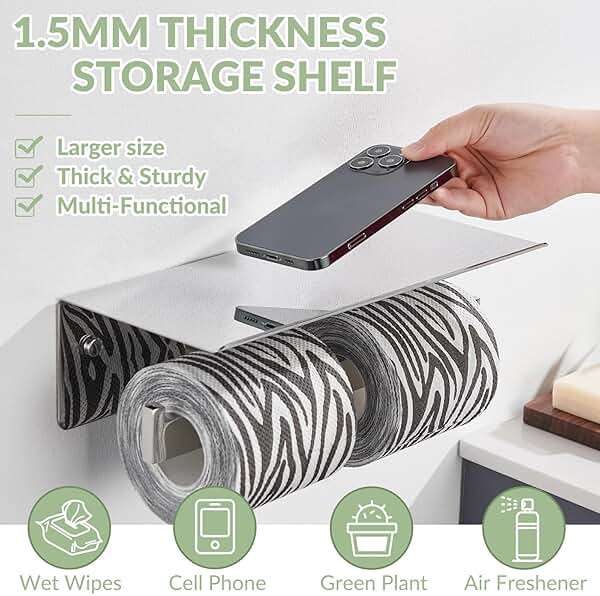 APLusee Double Toilet Paper Holder with Phone Shelf, 304 Stainless Steel Bathroom Tissue Hanger, Wall Mounted Dual Roll Paper Dispenser, Polished Chrome - Image 4