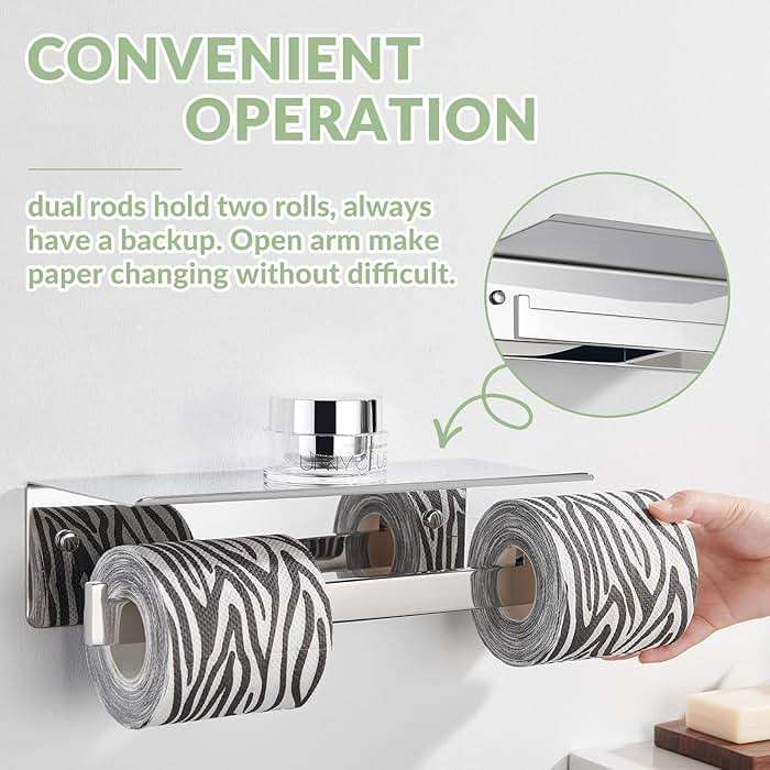 APLusee Double Toilet Paper Holder with Phone Shelf, 304 Stainless Steel Bathroom Tissue Hanger, Wall Mounted Dual Roll Paper Dispenser, Polished Chrome - Image 7