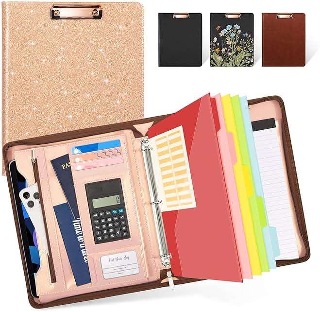 Ospelelf Clipboard with Storage, 3 Ring Binder with Zipper, Leather Padfolio Portfolio Folder, Calculator, 12.1” Tablet Sleeve, 5 Dividers with Pocket|Refillable Notepad, Card Slot (Rose Gold) - Image 1