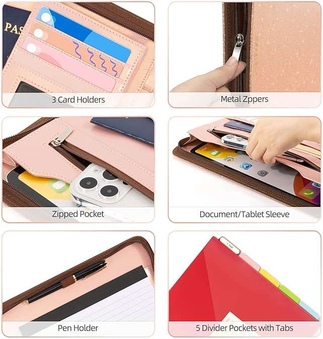 Ospelelf Clipboard with Storage, 3 Ring Binder with Zipper, Leather Padfolio Portfolio Folder, Calculator, 12.1” Tablet Sleeve, 5 Dividers with Pocket|Refillable Notepad, Card Slot (Rose Gold) - Image 4