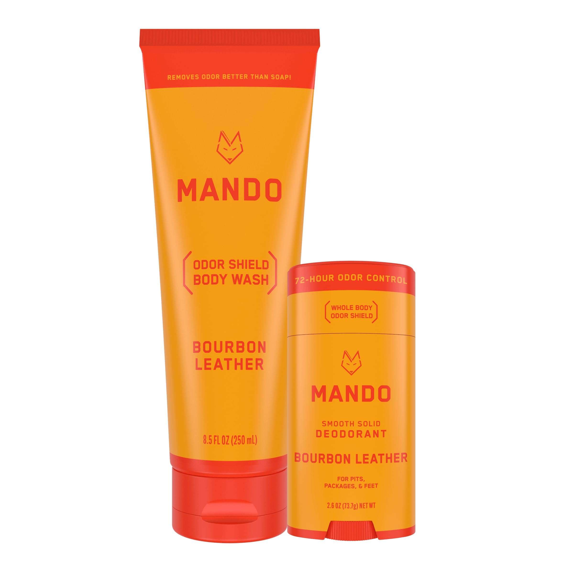 Mando Smooth Solid Stick (2.6 Ounce) + Acidified Body Wash (8.5 Ounce) - Clinically Proven to Block Odor All Day - Whole Body Safe For Pits, Packages + Feet (Bourbon Leather) - Product Image