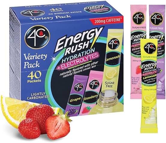 4C Energy Rush PSD with Electrolytes Variety Pack Stix, 40 ct (14 Lemonade, 12 Strawberry/14 Grape) - Product Image