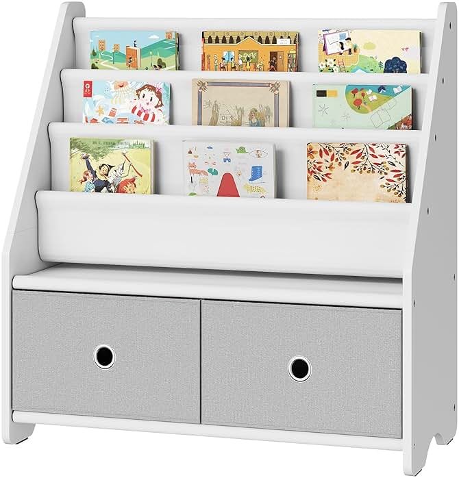 CHOEZON Kids Bookshelf and Toy Storage, 4 Tier Large Capacity Kids Book Rack, Sling Kid Bookcase, for Kids Room, Nursery, Playroom, White and Gray MCW06WT - Product Image
