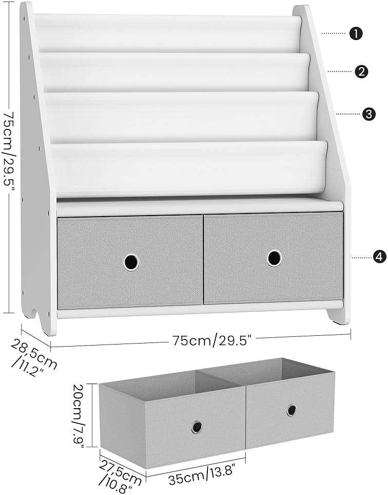 CHOEZON Kids Bookshelf and Toy Storage, 4 Tier Large Capacity Kids Book Rack, Sling Kid Bookcase, for Kids Room, Nursery, Playroom, White and Gray MCW06WT - Image 2