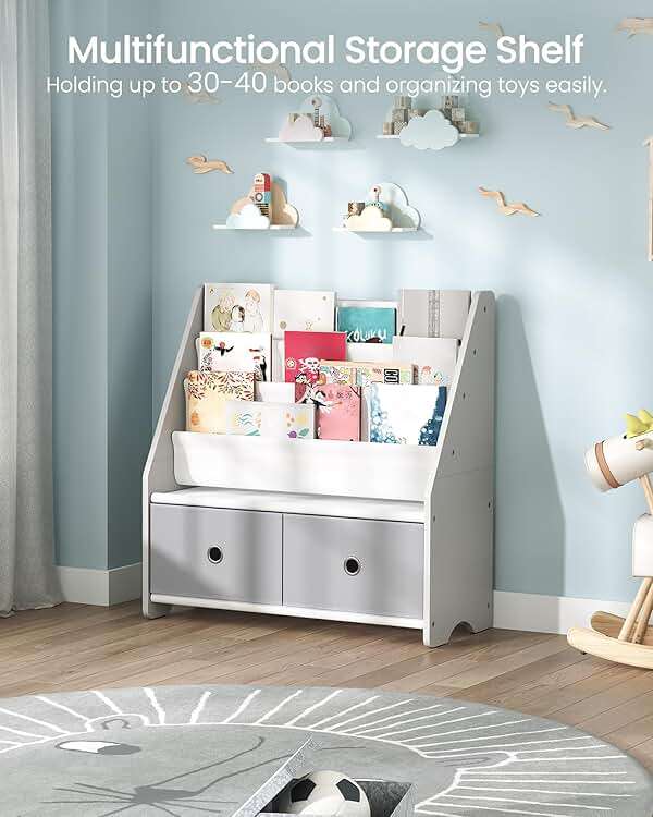CHOEZON Kids Bookshelf and Toy Storage, 4 Tier Large Capacity Kids Book Rack, Sling Kid Bookcase, for Kids Room, Nursery, Playroom, White and Gray MCW06WT - Image 3