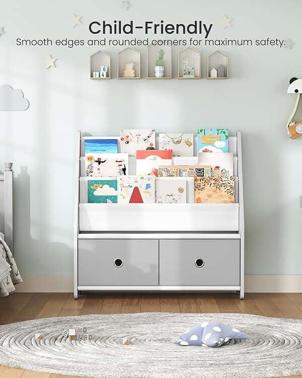 CHOEZON Kids Bookshelf and Toy Storage, 4 Tier Large Capacity Kids Book Rack, Sling Kid Bookcase, for Kids Room, Nursery, Playroom, White and Gray MCW06WT - Image 6