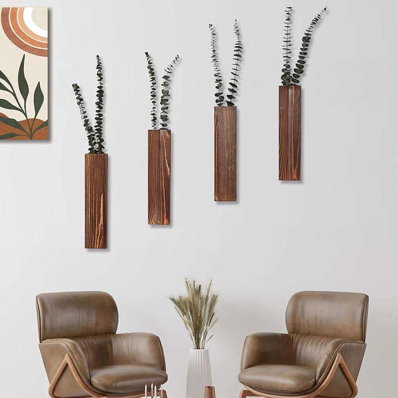 Sawoake Wooden Wall Planter Set of 4 - Modern Home Decor for Living Room, Bedroom, Bathroom - Walnut Finish Planter for Dried Flowers, Faux Greenery, Indoor Plants - Image 5