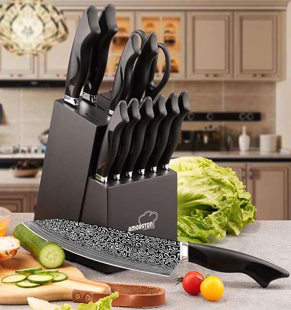 Knife Set, 15 Pieces Kitchen Knife Set with Built in Sharpener, High Carbon German Stainless Steel Knife Block Set, Dishwasher Safe, Fathers Day Gift for Men - Image 2