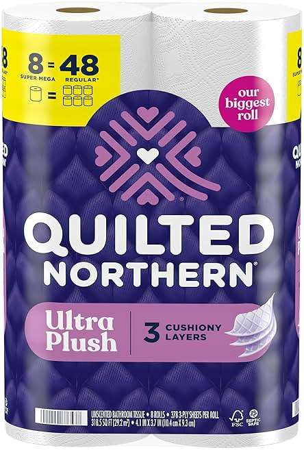 Quilted Northern Ultra Plush Toilet Paper, 8 Super Mega Rolls = 48 Regular Rolls, 3X Thicker*, 3 Ply Soft Toilet Tissue - Image 1