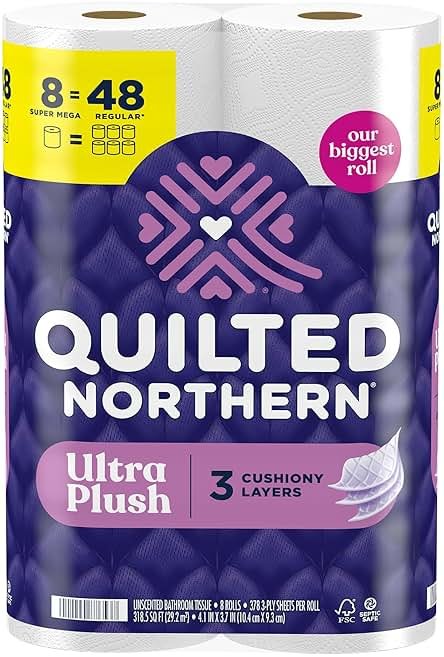 Quilted Northern Ultra Plush Toilet Paper, 8 Super Mega Rolls = 48 Regular Rolls, 3X Thicker*, 3 Ply Soft Toilet Tissue - Product Image