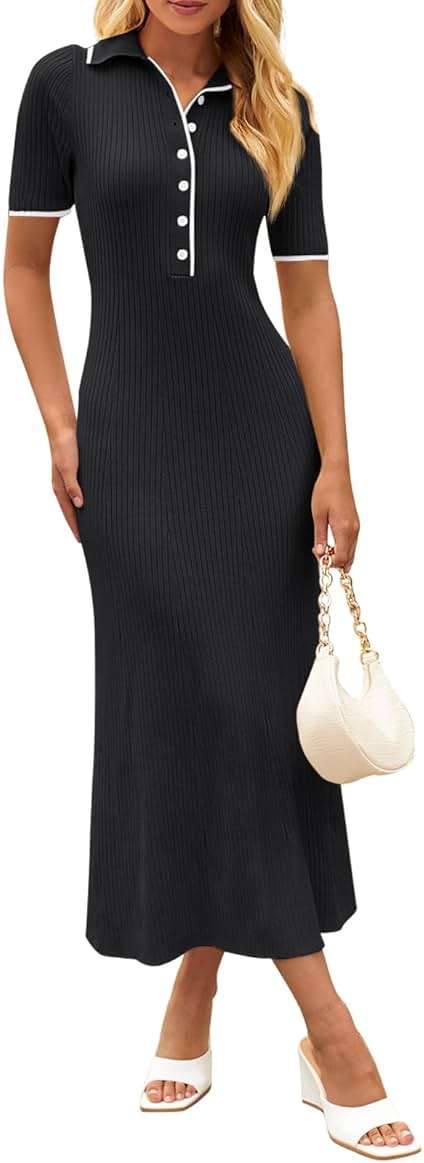 MEROKEETY Women's Spring Summer Ribbed Maxi Dress 2026 Bodycon V Neck Button Short Sleeve Slim Fit Knit Sweater Dresses - Image 1