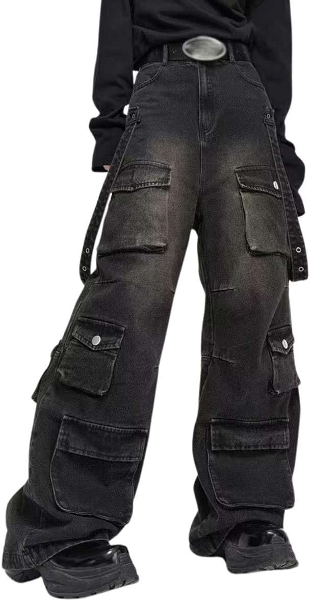 Hugboom Baggy Cargo Pants for Men Women Wide Leg Jeans Y2k Hip Hop High Waisted Pants Casual Streetwear Grunge Clothes Black - Image 1