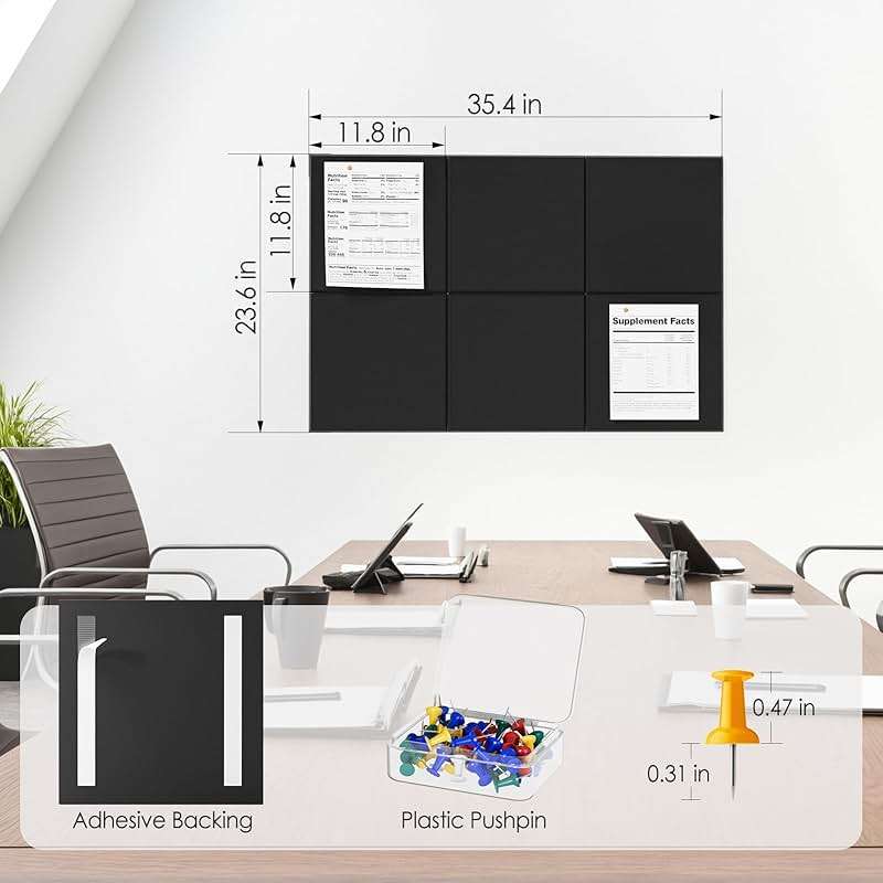 MaxGear Large Felt Bulletin Board 36" x 24", Cork Board Alternative, 6 Pack Black Felt Wall Tiles with Push Pins, Cork Boards for Walls Pin Board for Office & HomePanels - Image 3
