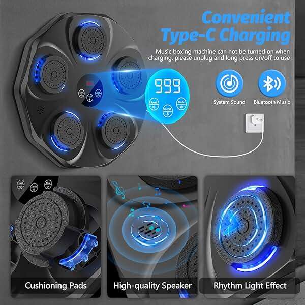 TGLLM Music Boxing Machine, Interactive Punching Trainer with Boxing Gloves, Large Size Wall Mounted Electronic Boxing Target for Adult Kids, 9 Modes & 9 Speeds - Image 3