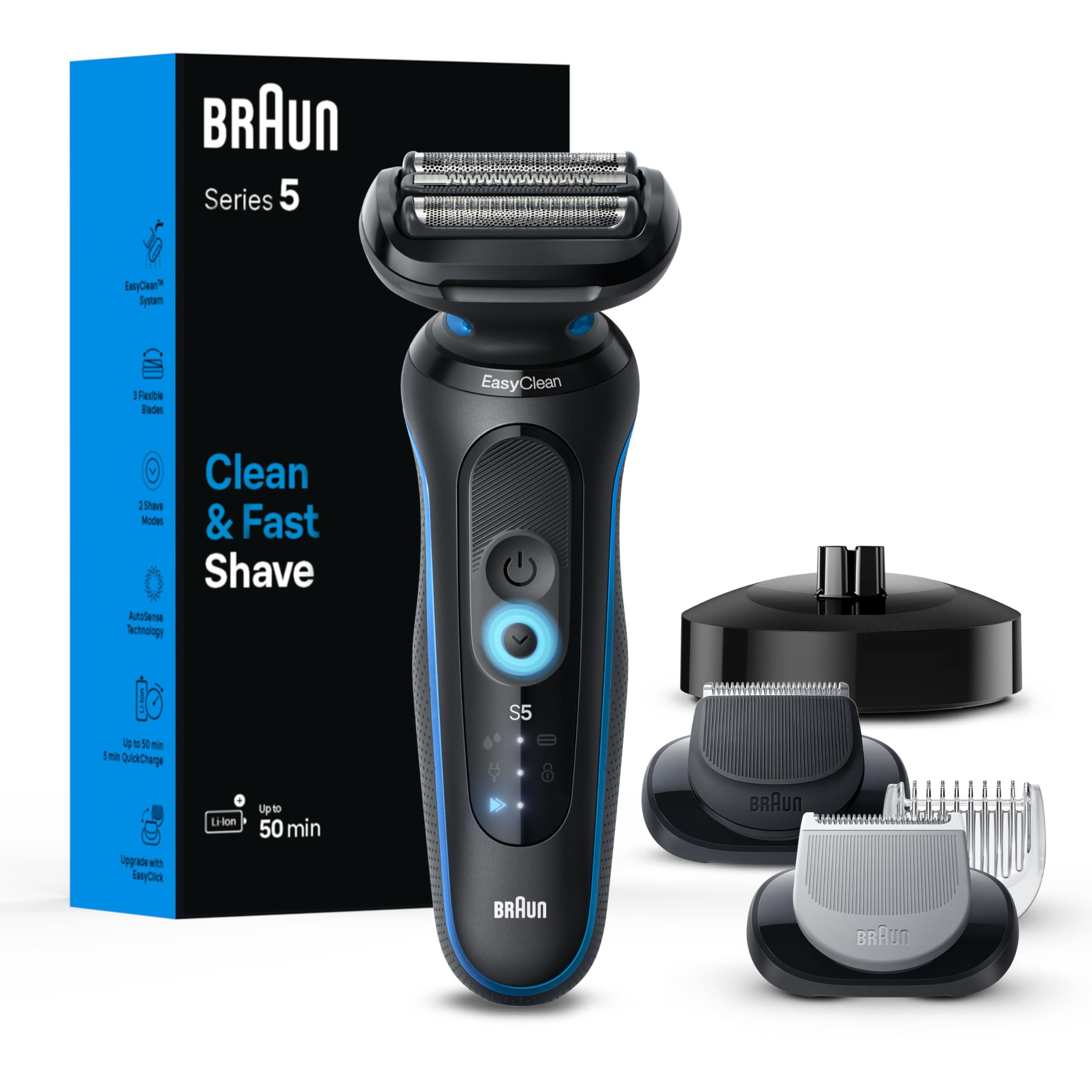 Braun Electric Shaver for Men, Series 5 5150cs, Wet & Dry Razor, Turbo Shaving Mode, Foil Shaver, with Beard Trimmer, Body Groomer and Charging Stand, Blue - Product Image