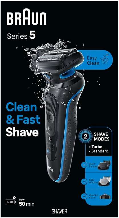 Braun Electric Shaver for Men, Series 5 5150cs, Wet & Dry Razor, Turbo Shaving Mode, Foil Shaver, with Beard Trimmer, Body Groomer and Charging Stand, Blue - Image 8