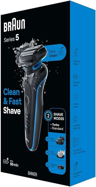 Braun Electric Shaver for Men, Series 5 5150cs, Wet & Dry Razor, Turbo Shaving Mode, Foil Shaver, with Beard Trimmer, Body Groomer and Charging Stand, Blue - Image 9