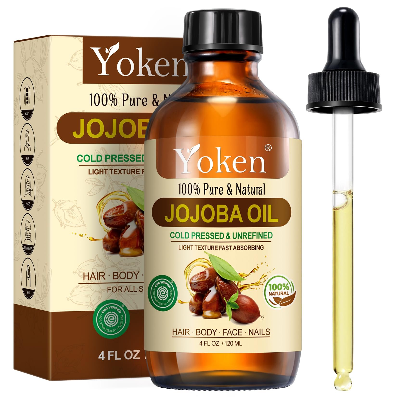 Yoken 4oz Jojoba Oil (EWG Verified) 100% Pure Cold Pressed Jojoba Oil for Face, Hair, Nails and Skin, Unrefined & Hexane Free, Natural Body Facial Moisturizer Multi-purpose oil Base Carrier Oil - Product Image